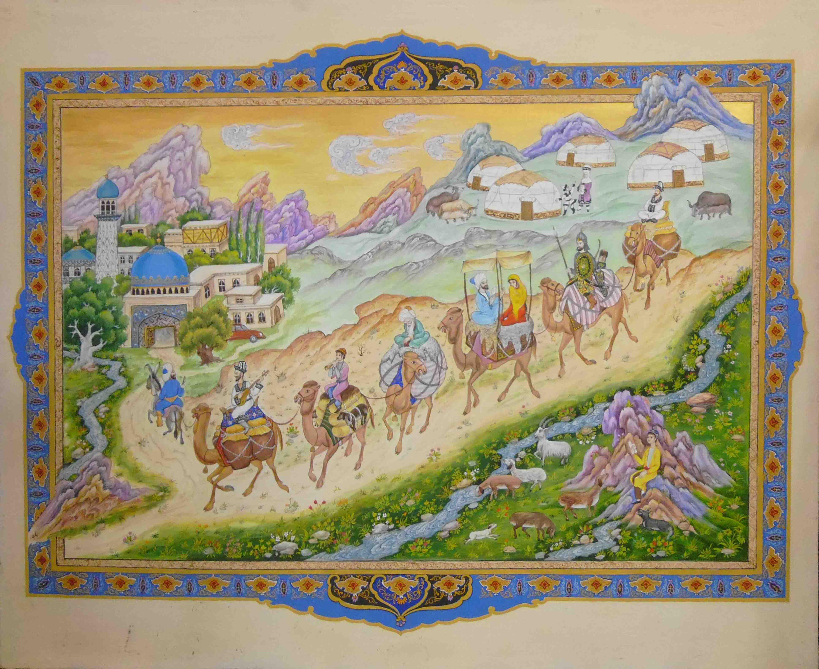 Olim Kamolzoda is the Honoured Artist of the Republic of Tajikistan. Photo of Olim Kamolzoda sitting at the desk in his workshop. He is the Honoured Artist of the Republic of Tajikistan, a Member of the Union of Artists of the Republic of Tajikistan, and a Specialist of the Miniature Art. Studying the specifics of the work