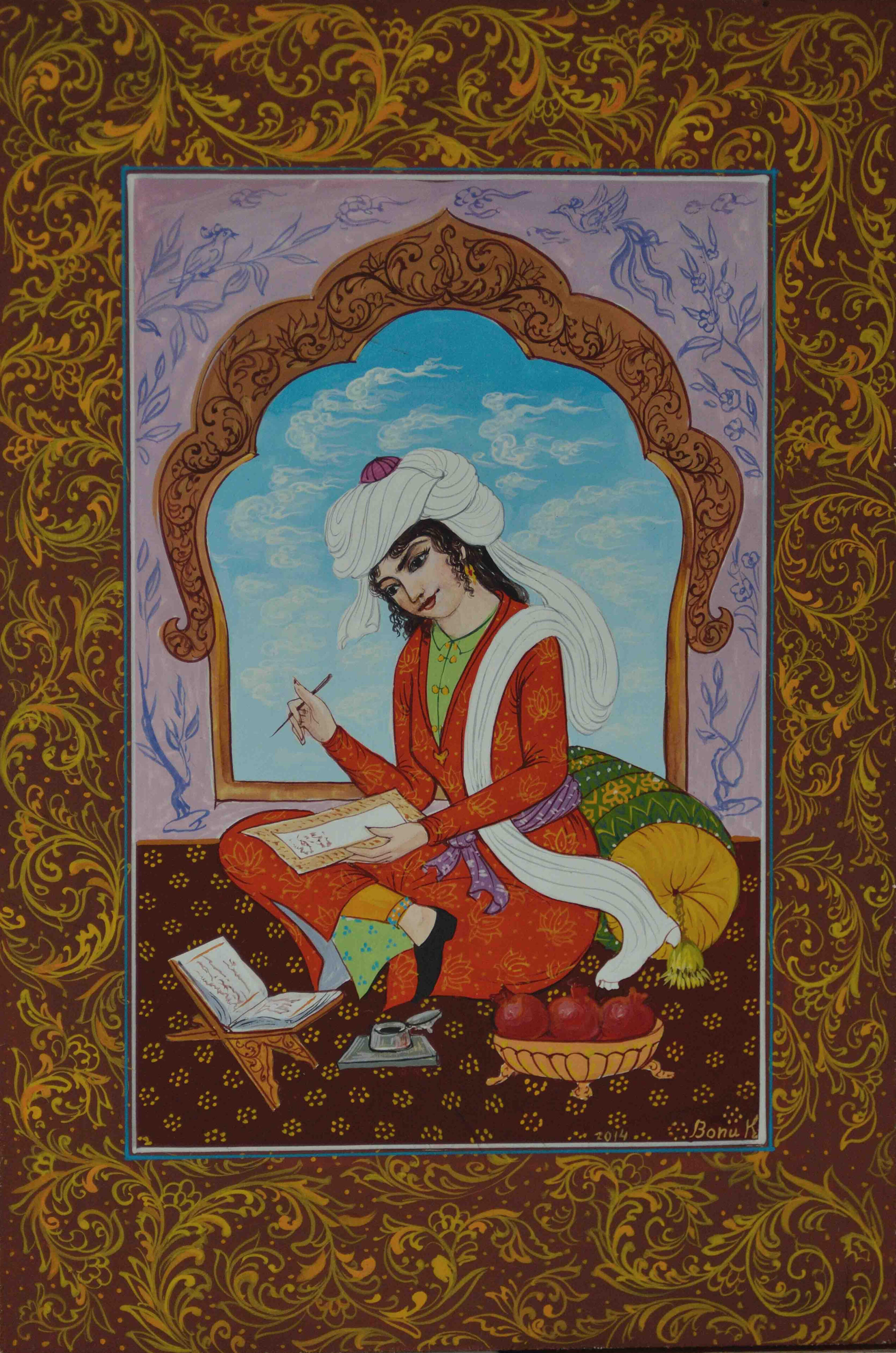 Olim Kamolzoda is the Honoured Artist of the Republic of Tajikistan. Photo of Olim Kamolzoda sitting at the desk in his workshop. He is the Honoured Artist of the Republic of Tajikistan, a Member of the Union of Artists of the Republic of Tajikistan, and a Specialist of the Miniature Art. Studying the specifics of the work