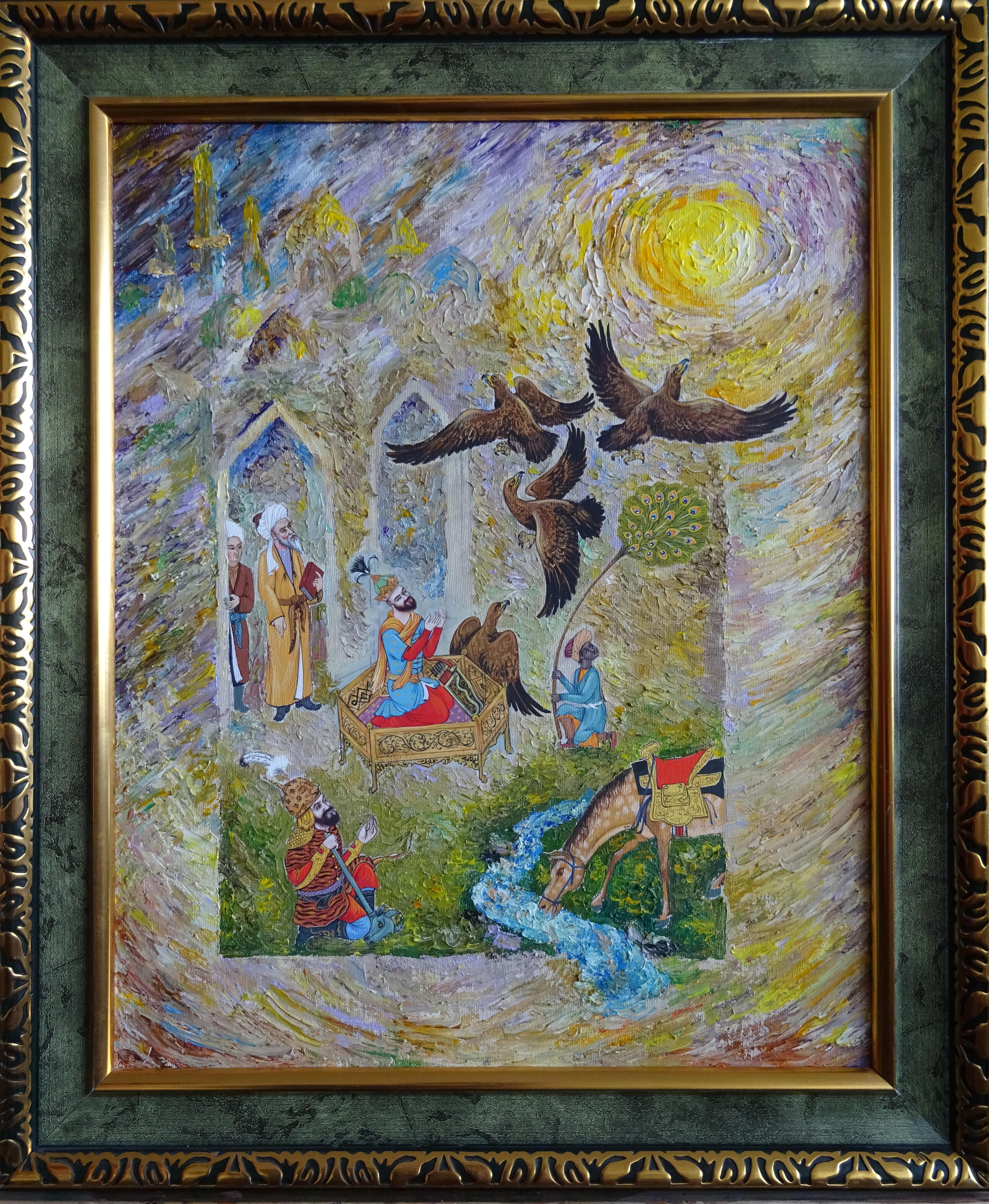 Olim Kamolzoda is the Honoured Artist of the Republic of Tajikistan. Photo of Olim Kamolzoda sitting at the desk in his workshop. He is the Honoured Artist of the Republic of Tajikistan, a Member of the Union of Artists of the Republic of Tajikistan, and a Specialist of the Miniature Art. Studying the specifics of the work