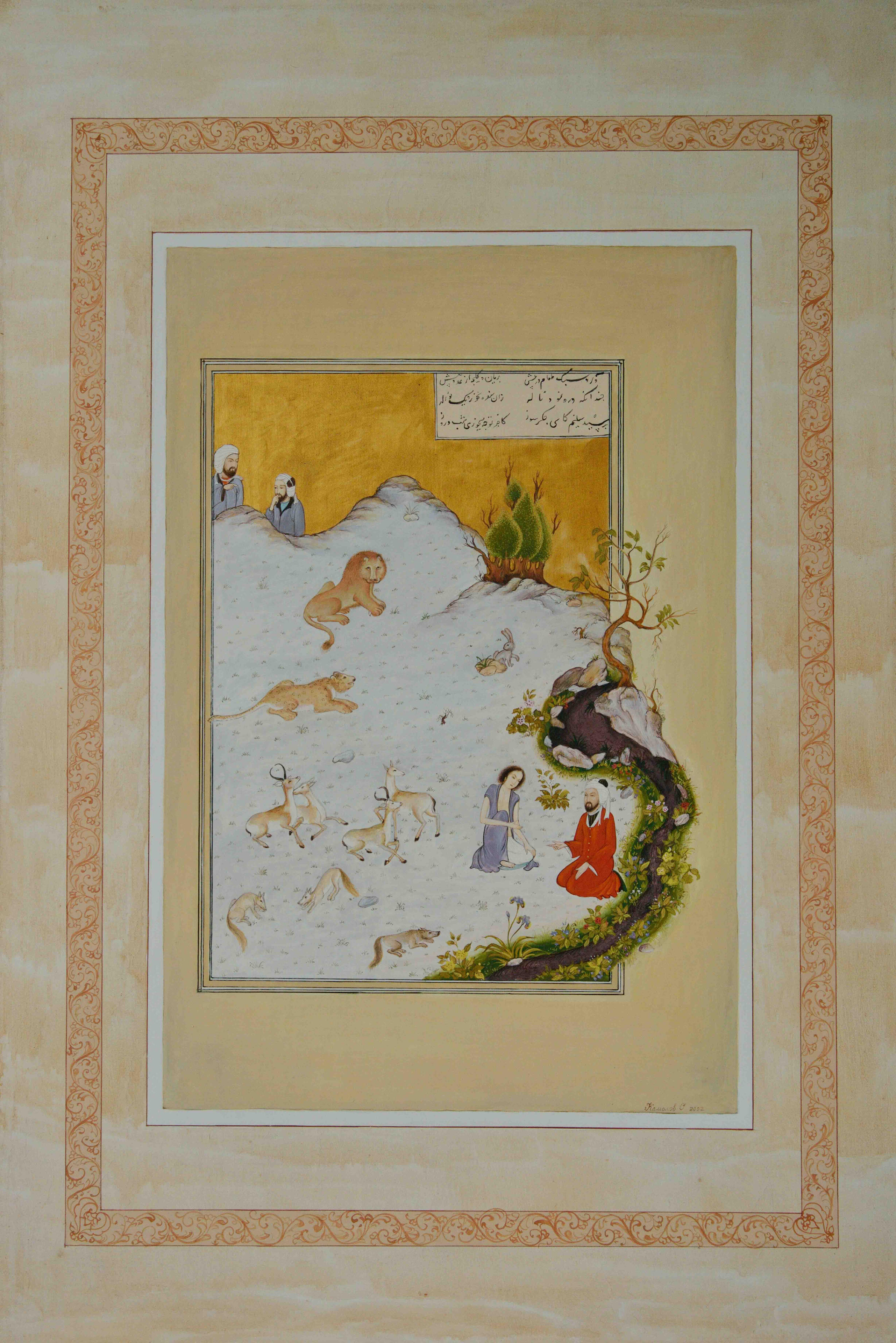Olim Kamolzoda is the Honoured Artist of the Republic of Tajikistan. Photo of Olim Kamolzoda sitting at the desk in his workshop. He is the Honoured Artist of the Republic of Tajikistan, a Member of the Union of Artists of the Republic of Tajikistan, and a Specialist of the Miniature Art. Studying the specifics of the work