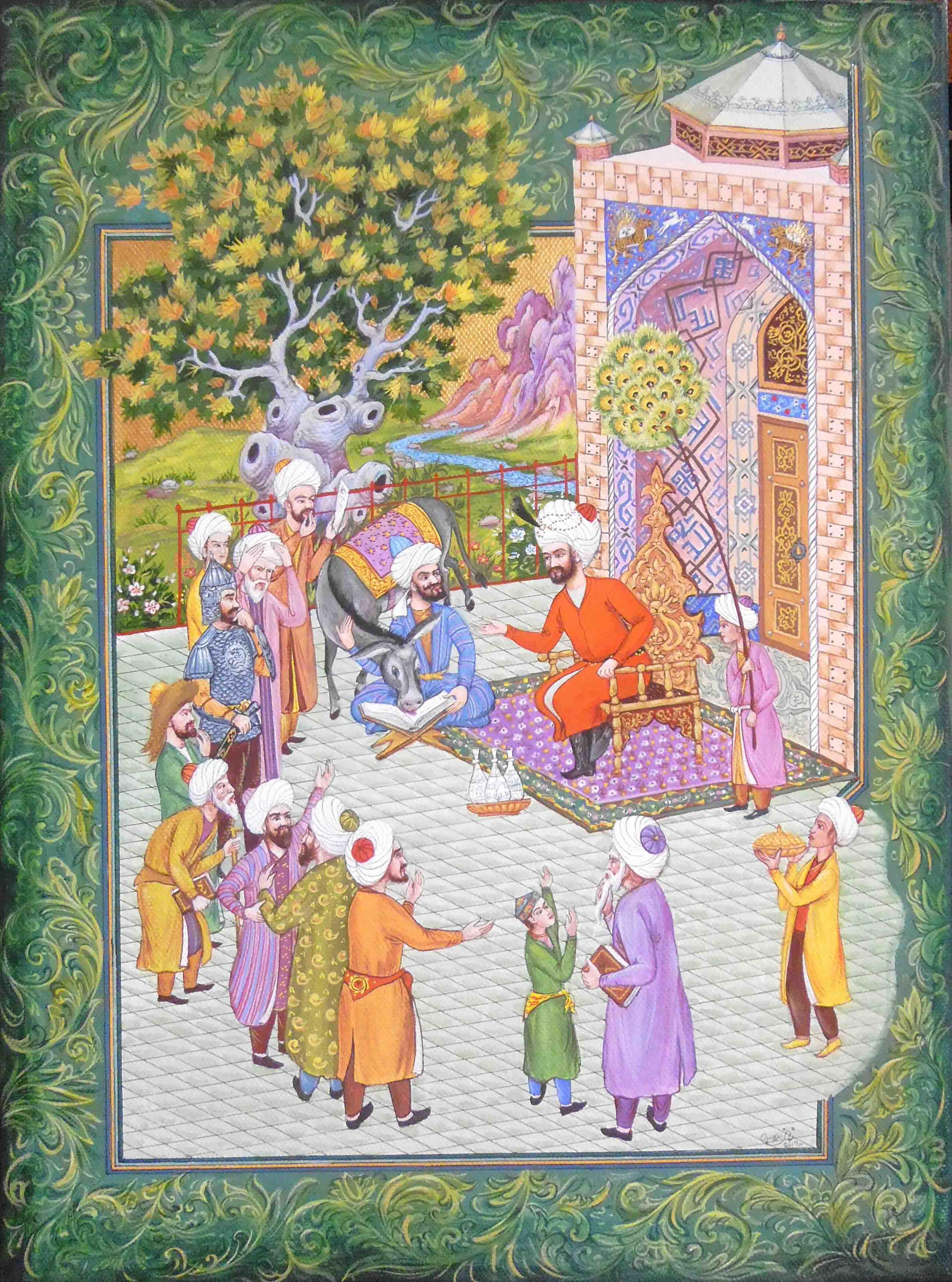 Olim Kamolzoda is the Honoured Artist of the Republic of Tajikistan. Photo of Olim Kamolzoda sitting at the desk in his workshop. He is the Honoured Artist of the Republic of Tajikistan, a Member of the Union of Artists of the Republic of Tajikistan, and a Specialist of the Miniature Art. Studying the specifics of the work